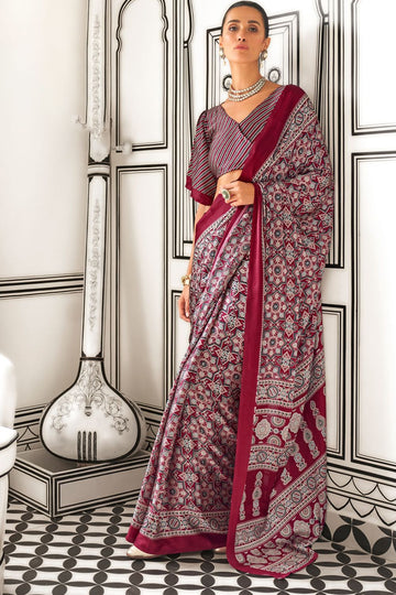 Maroon Satin Crepe Digital Printed Casual Wear Saree