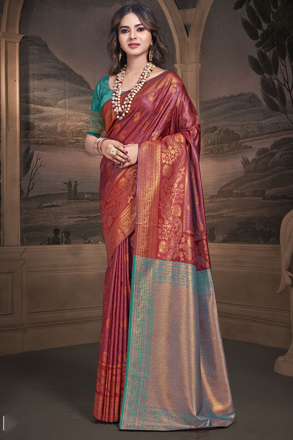 Maroon Silk Woven Work Saree