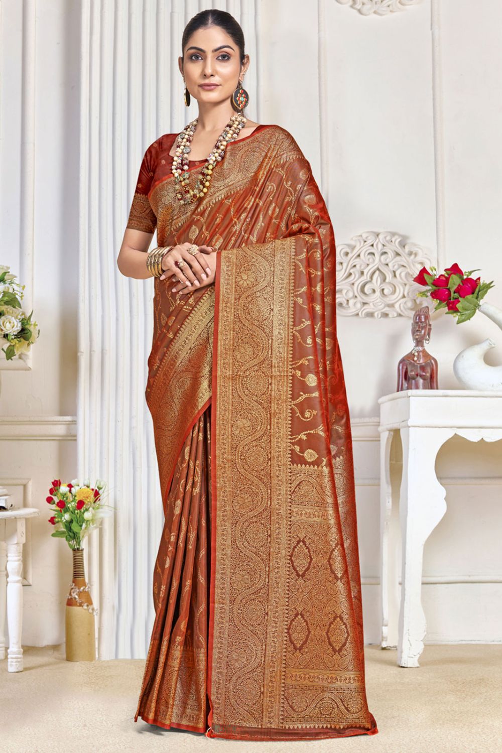 Maroon Silk Woven Work Saree