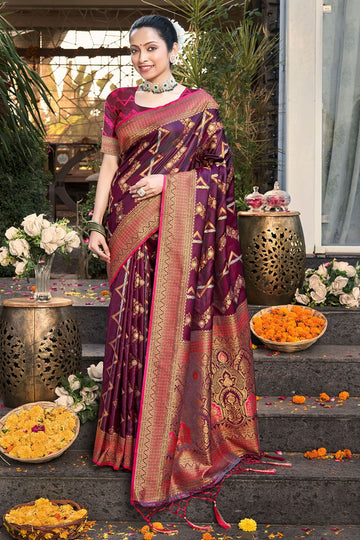 Maroon Zari Weaving Work Silk Saree