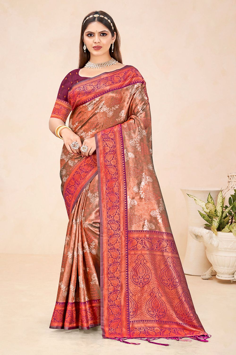 Maroon Silk Zari Woven Saree