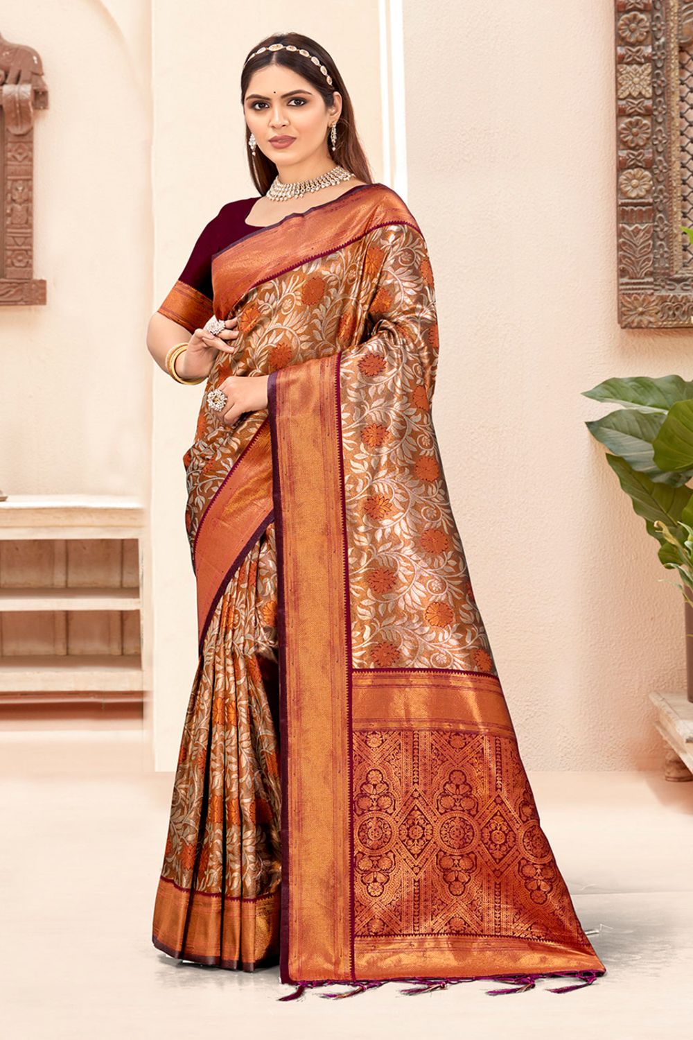 Maroon Silk Zari Woven Saree