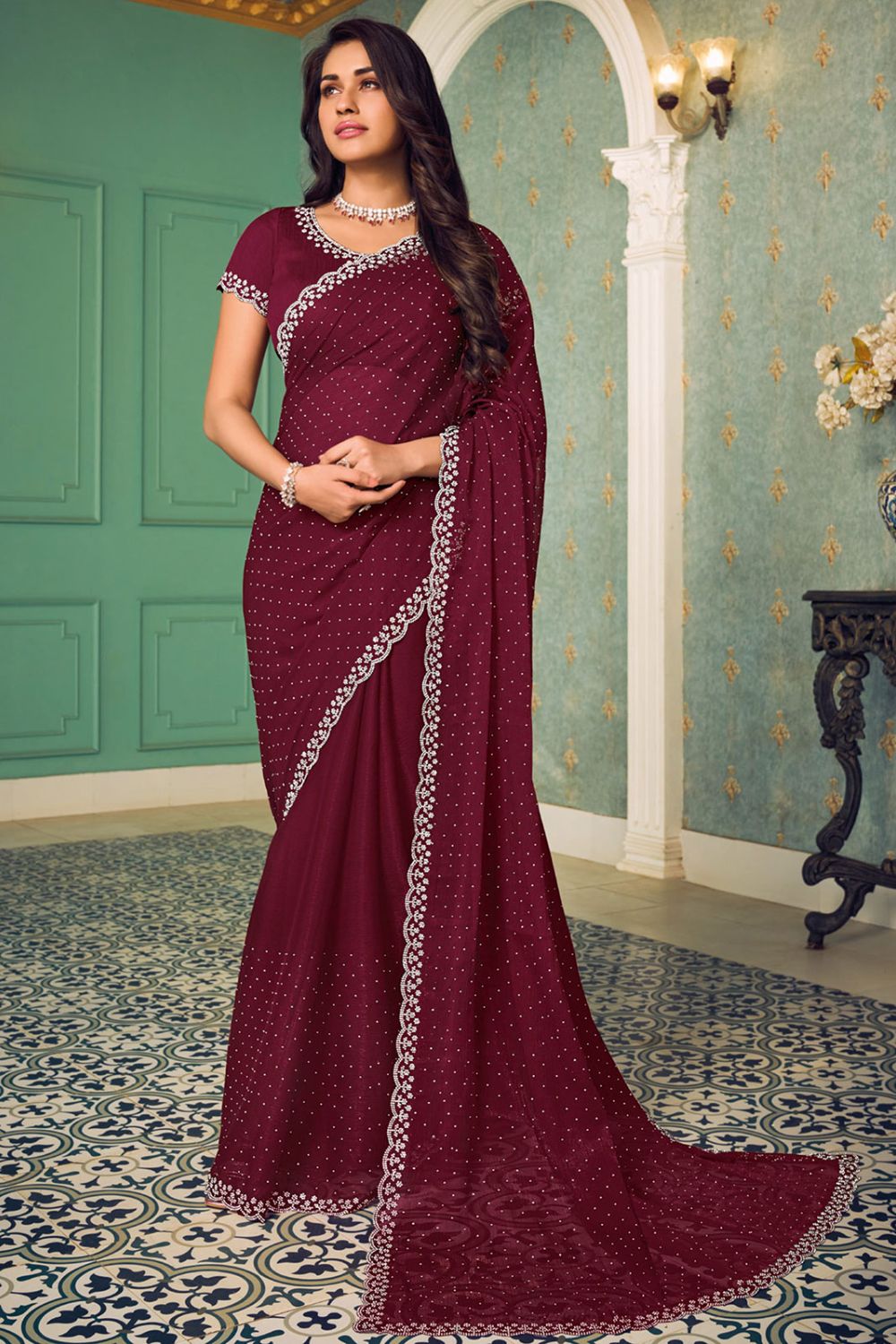 Maroon Swarovski Embellished Chiffon Saree for Party