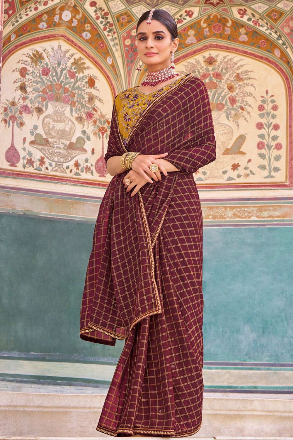 Maroon Chiffon Saree for Festival