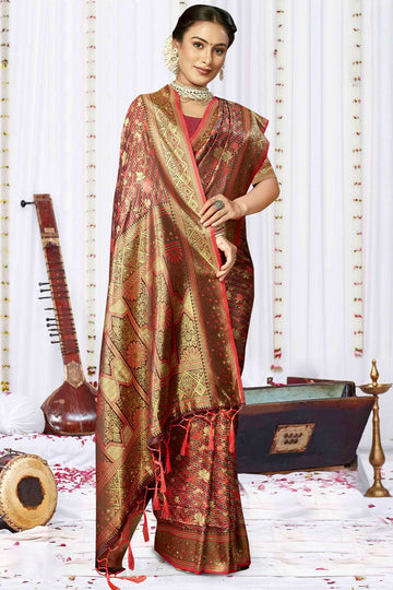 Maroon Woven Satin Silk Saree