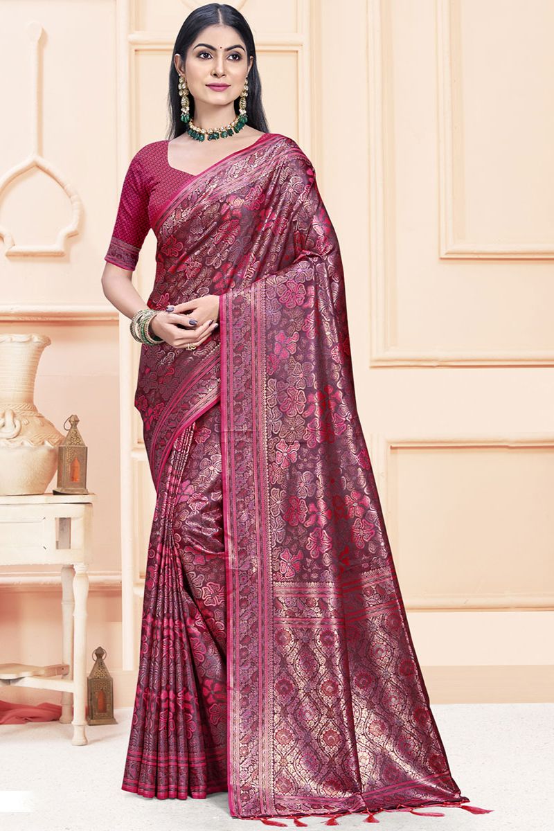 Maroon Woven Satin Silk Saree