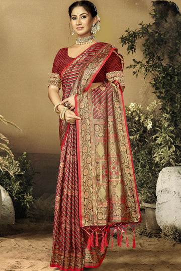 Maroon Woven Satin Silk Saree