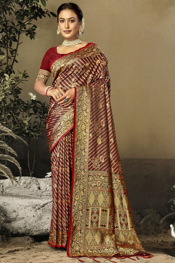 Maroon Woven Satin Silk Saree