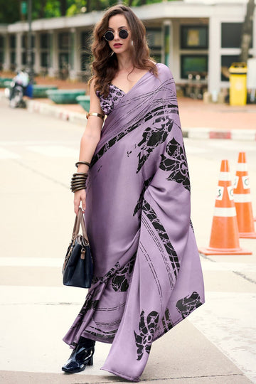 Mauve Digital Print Satin Saree