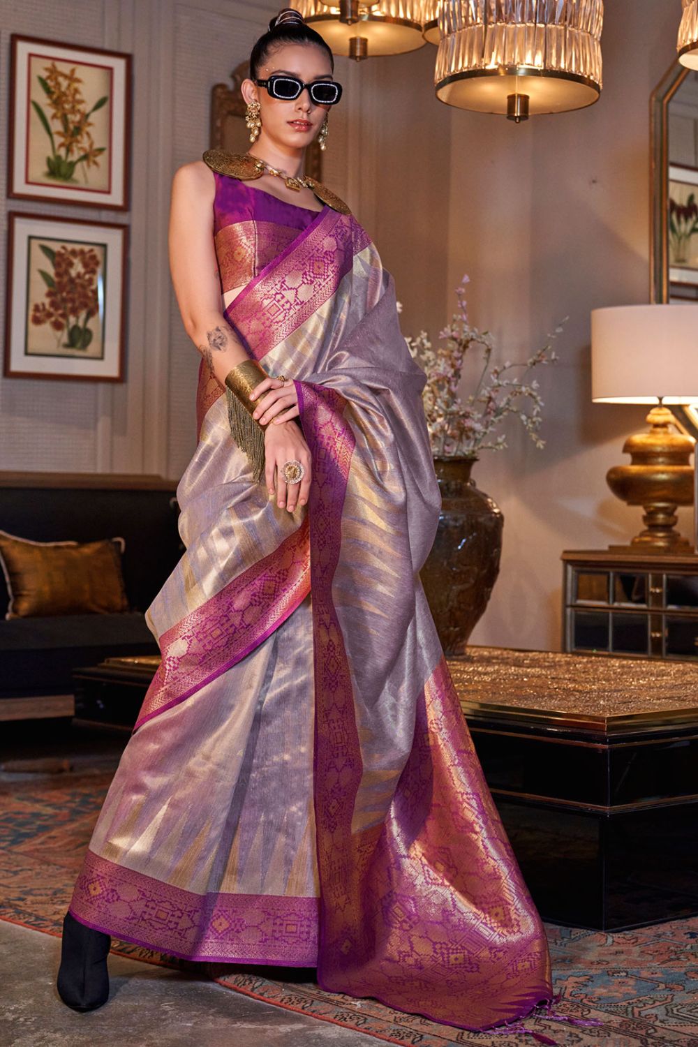 Mauve Handwoven Zari Tissue Silk Saree