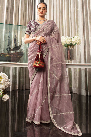 Mauve Organza Saree with Embroidered Blouse for Party