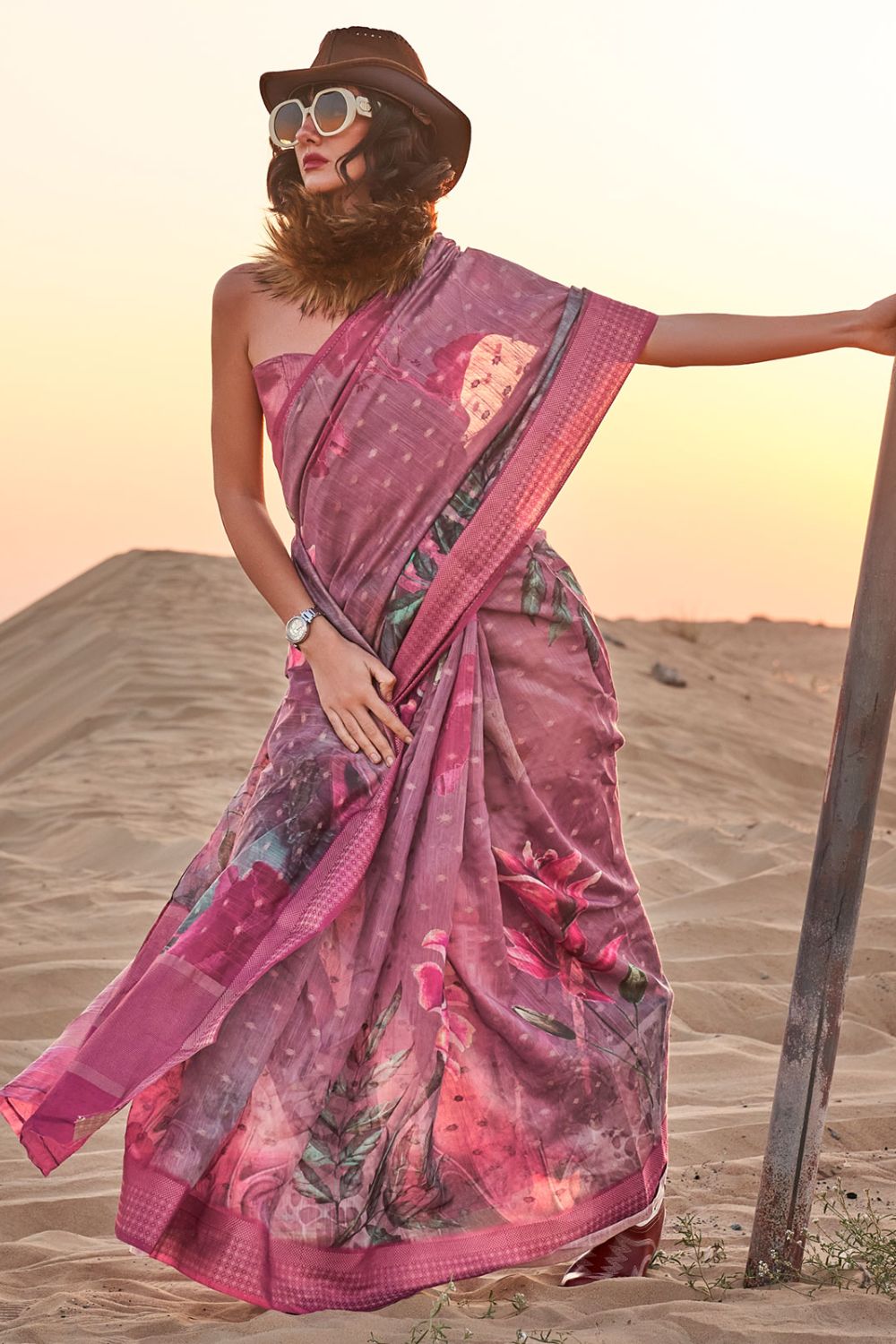 Mauve Pink Digital Print Linen Saree for Festival