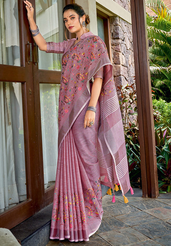 Mauve Pink Kashmiri Work Linen Saree for Festival