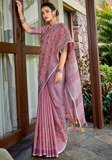 Mauve Pink Kashmiri Work Linen Saree for Festival