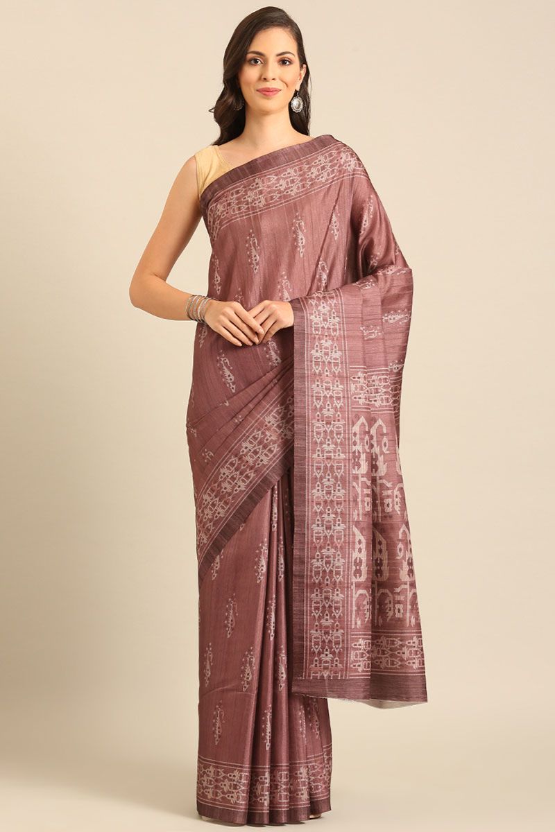 Mauve Pink Printed Cotton Saree