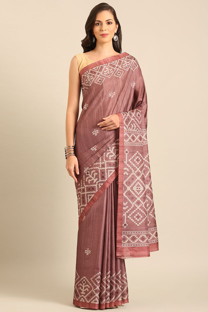 Mauve Pink Printed Cotton Saree