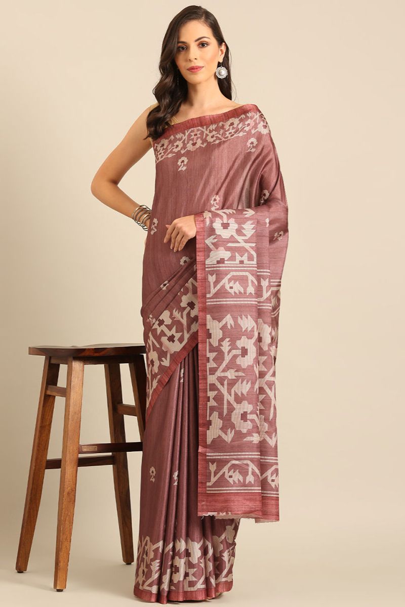 Mauve Pink Printed Cotton Saree