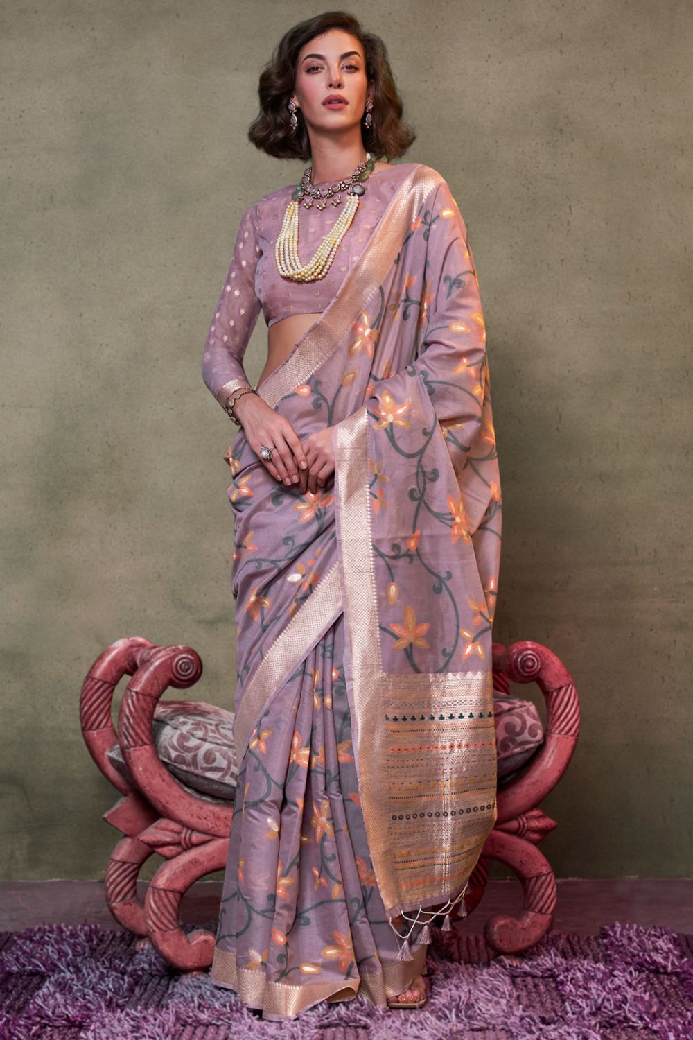 Mauve Zari Woven Mal Spun Cotton Saree for Party