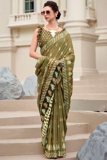 Mehendi Green Pure Mal Mal Silk Printed Saree