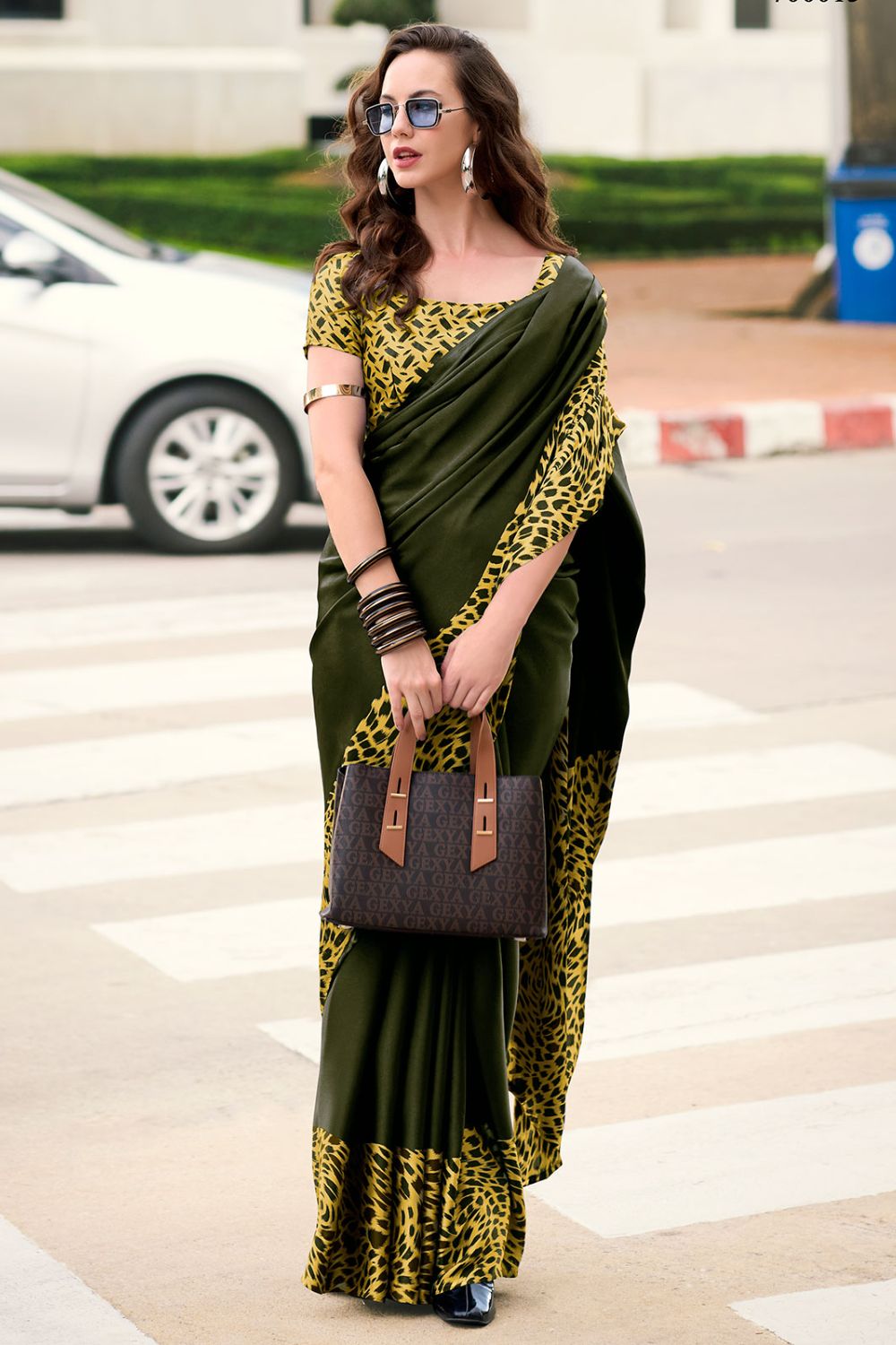 Mehendi Green Digital Print Satin Saree