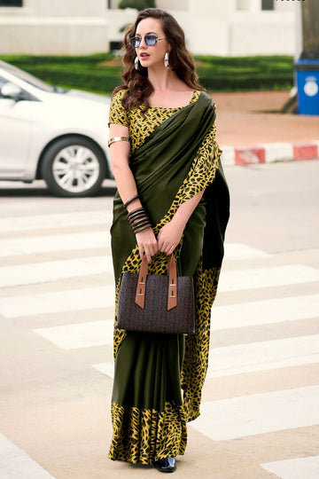 Mehendi Green Digital Print Satin Saree