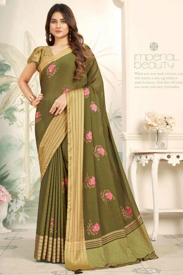 Mehendi Green Embellished Chiffon Saree