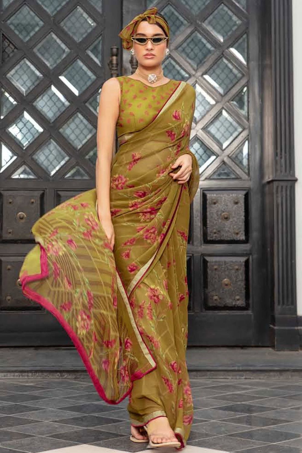 Mehendi Green Printed Georgette Casual Wear Saree