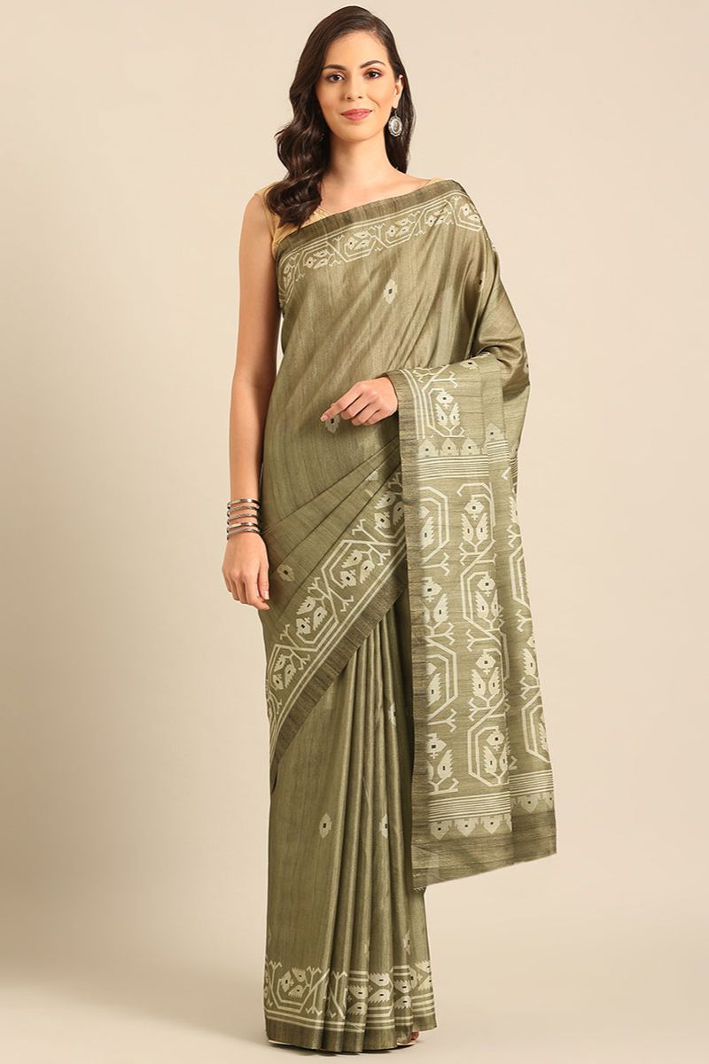 Mehendi Green Printed Cotton Saree