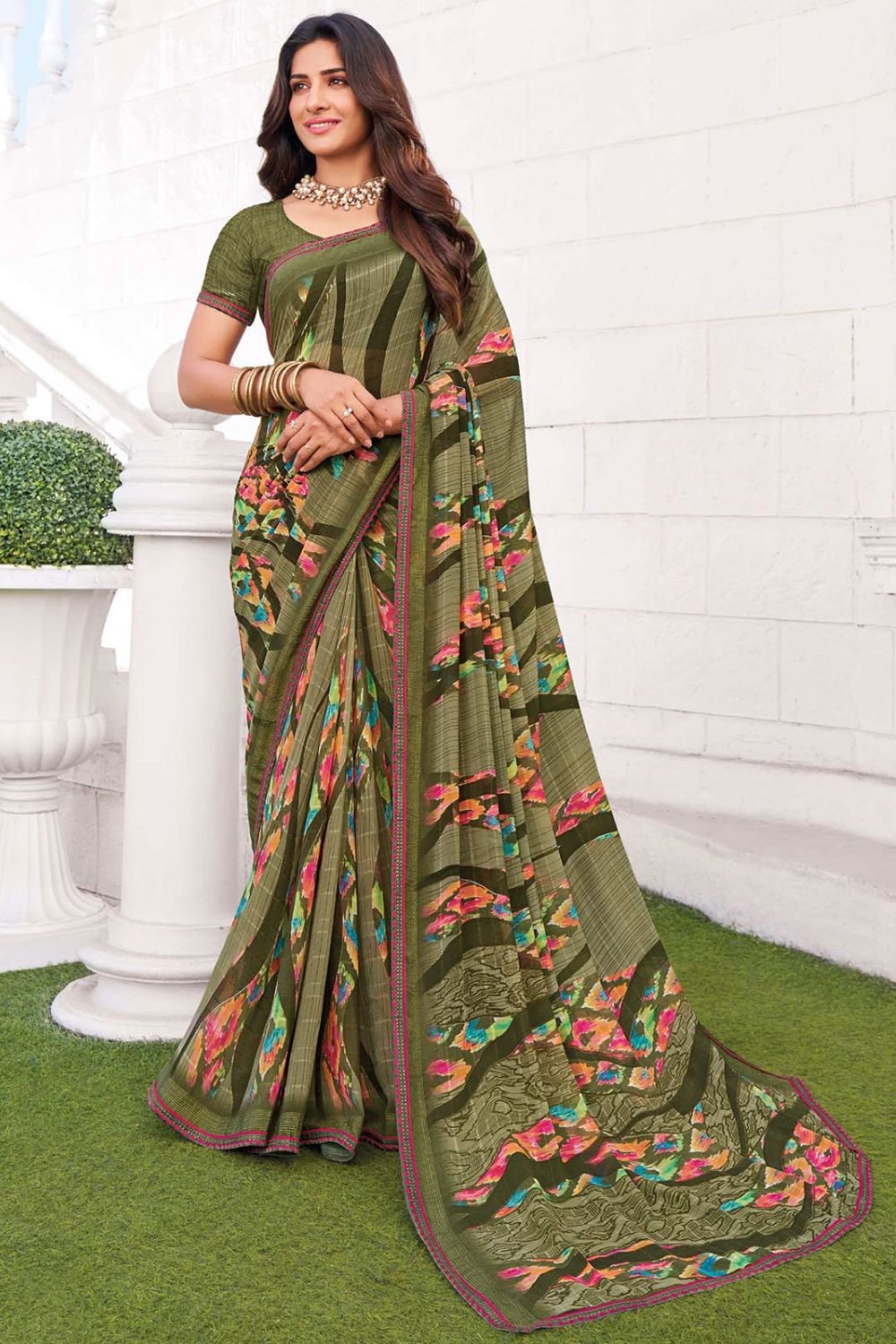 Mehendi Green Printed Georgette Casual Saree