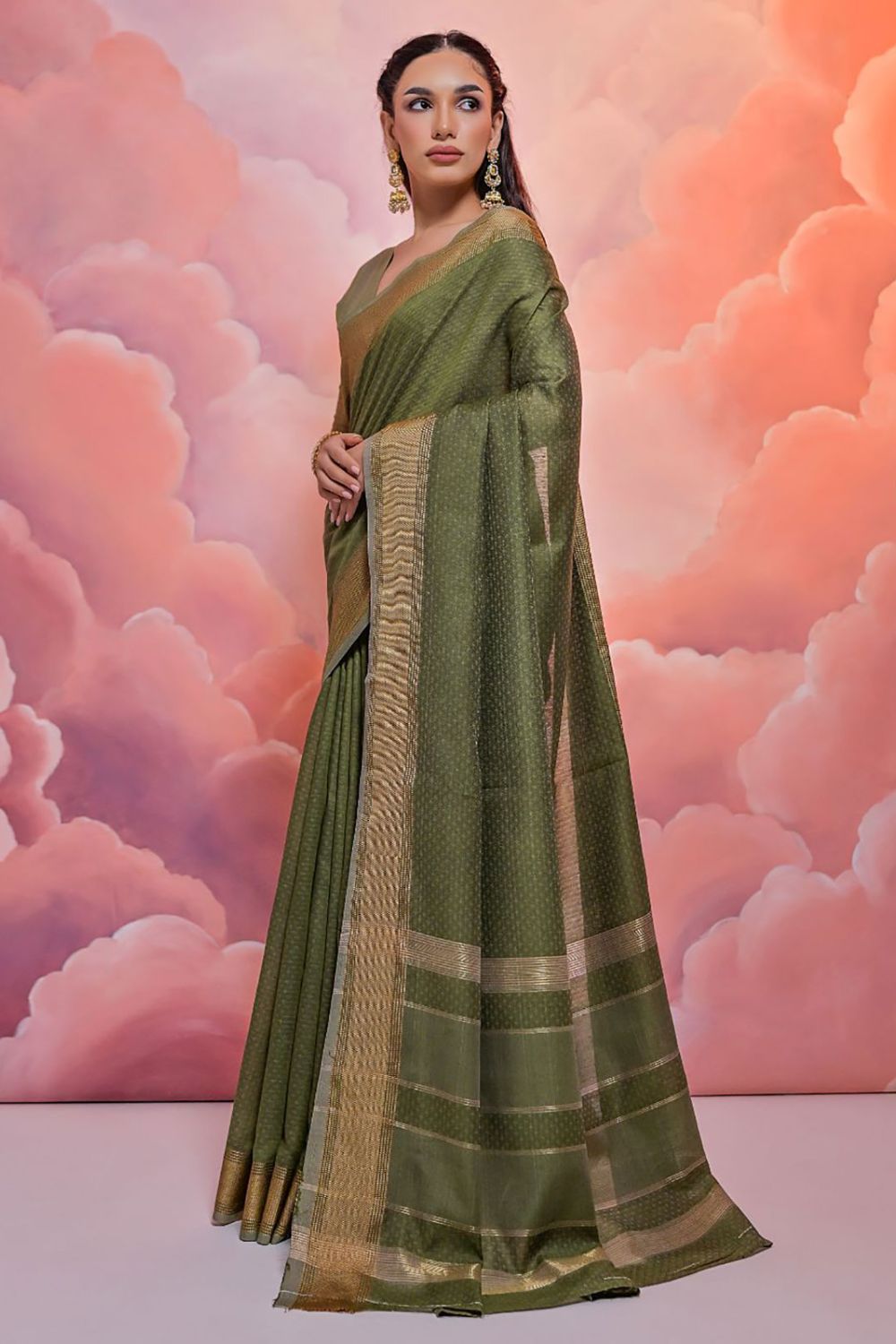 Mehendi Green Zari Woven Cotton Casual Wear Saree