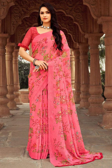 Melon Pink Floral Printed Chiffon Casual Wear Saree