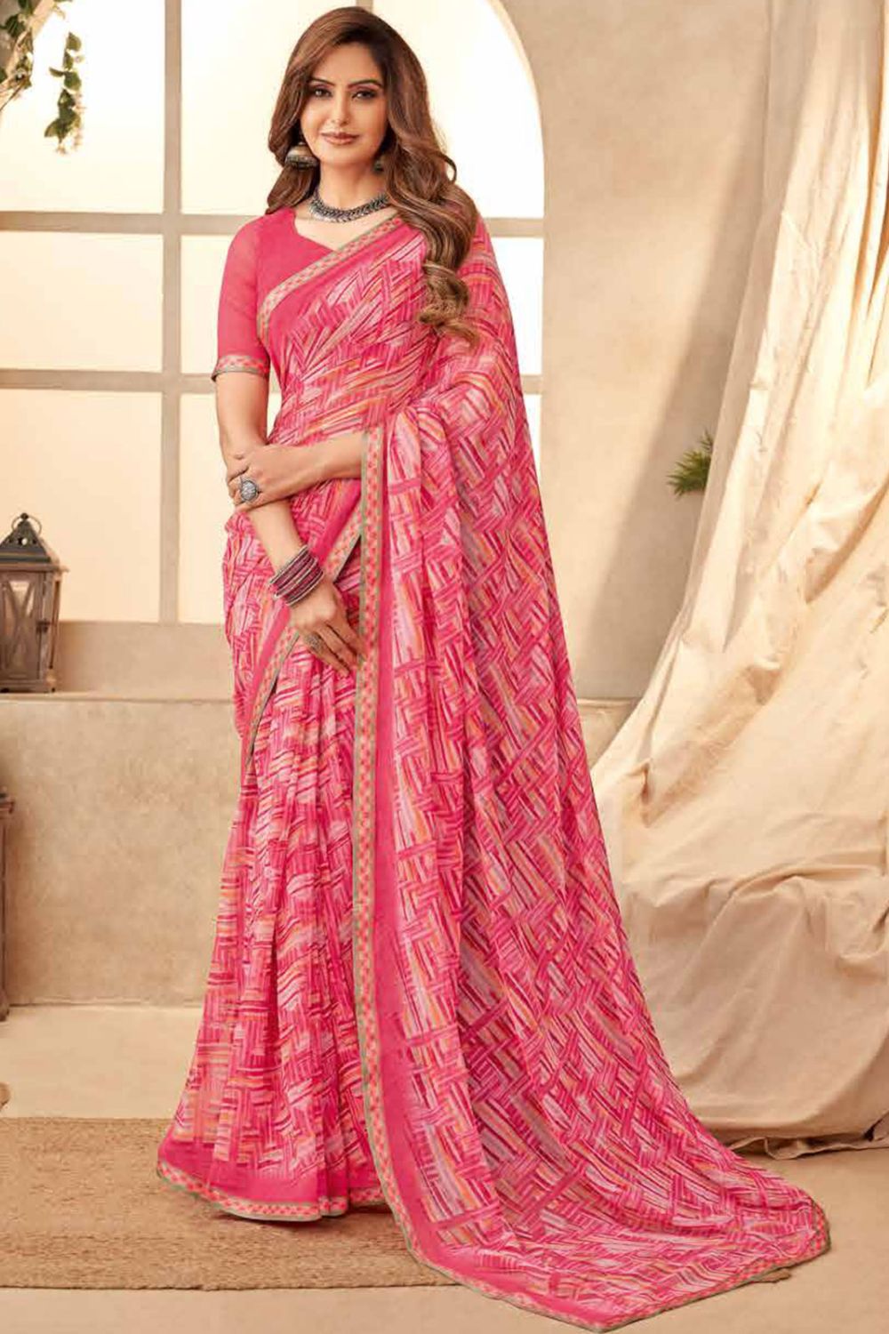 Melon Pink Printed Georgette Casual Wear Saree