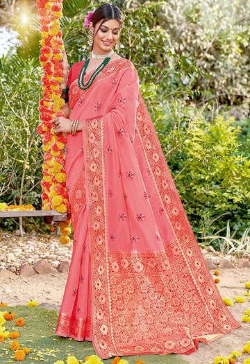 Melon Pink Rich Pallu Cotton Saree for Party