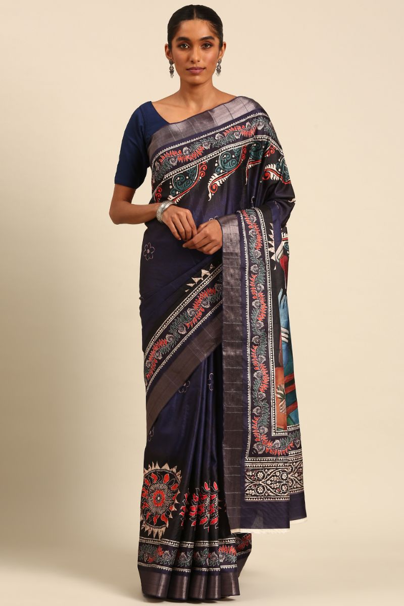 Midnight Blue Cotton Digital Print Saree