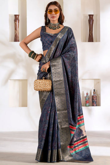 Midnight Blue Dola Silk Saree for Festival