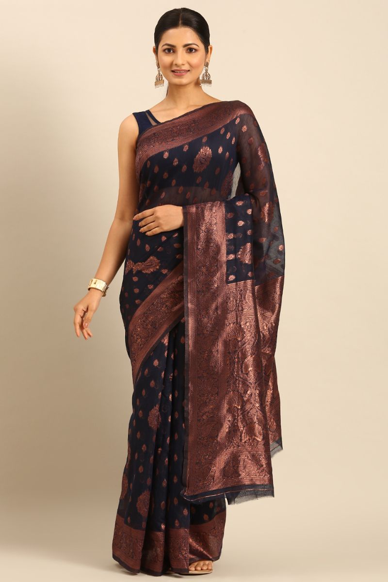 Midnight Blue Jacquard Work Cotton Saree