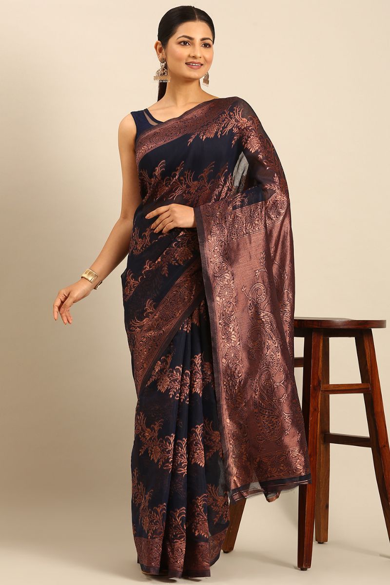 Midnight Blue Jacquard Work Cotton Saree