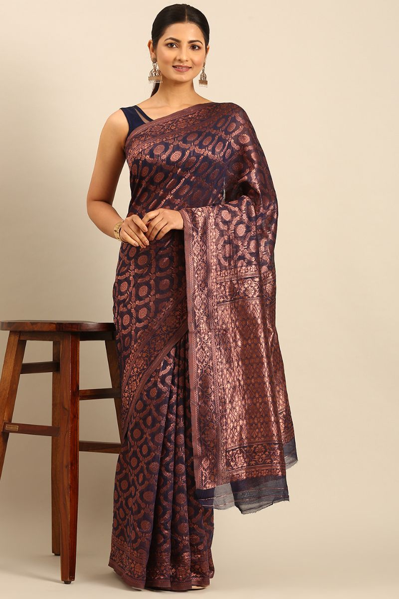 Midnight Blue Jacquard Work Cotton Saree