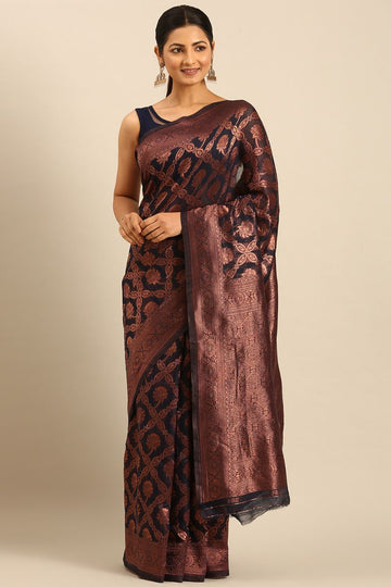 Midnight Blue Cotton Jacquard Work Saree