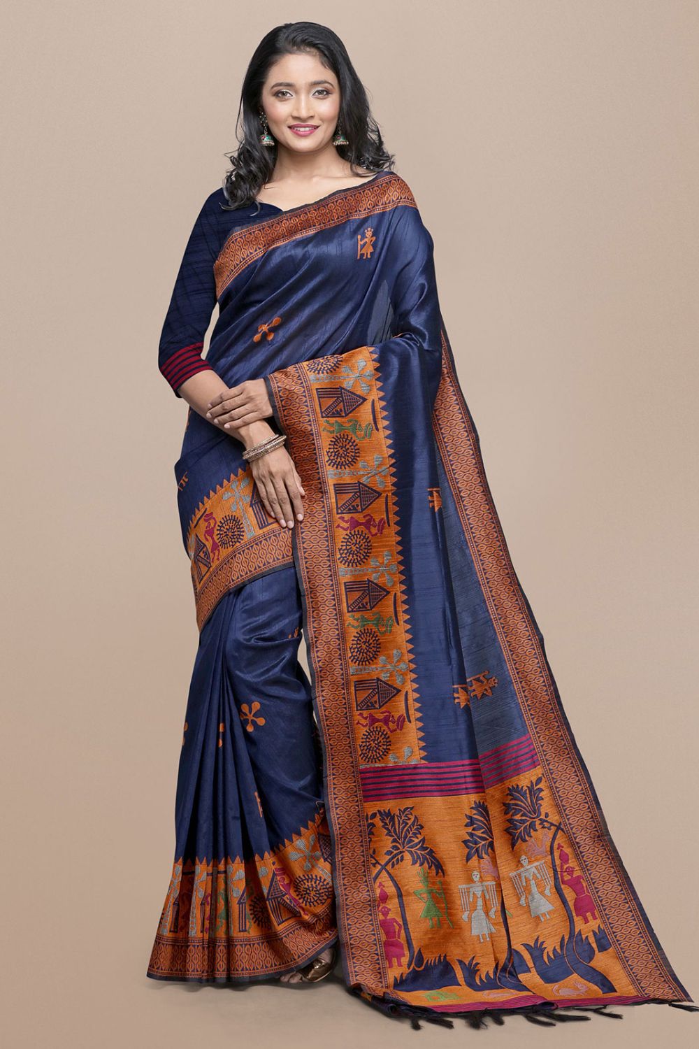 Midnight Blue Raw Silk Saree with Kalamkari Design