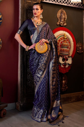 Midnight Blue Pure Satin Designer Handloom Weaving Saree