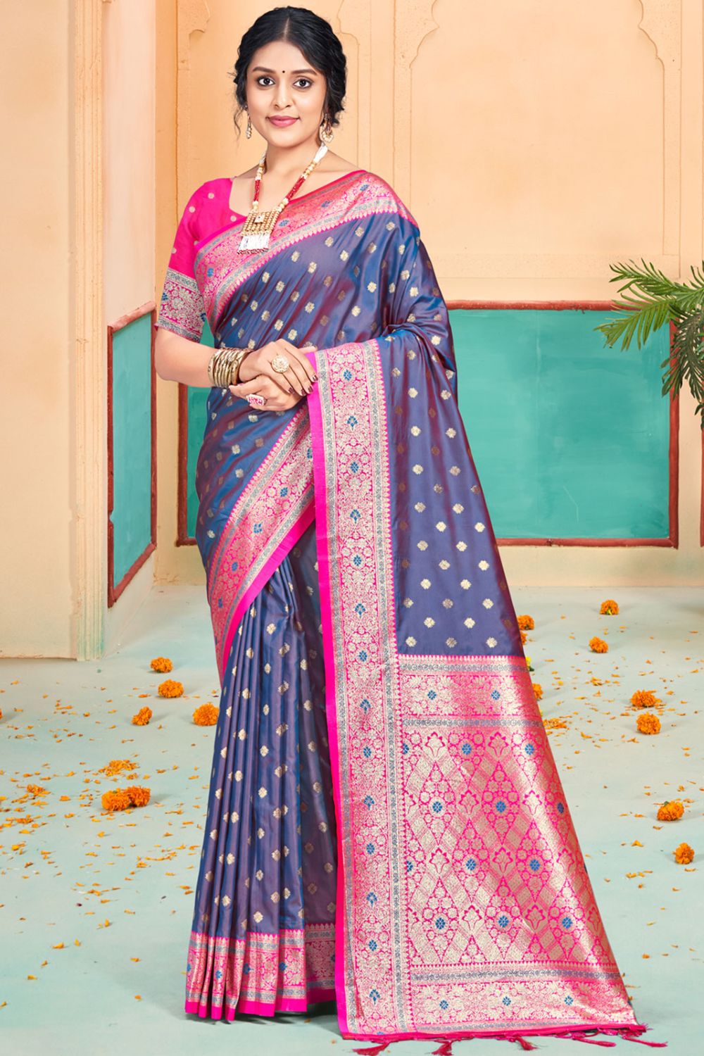 Midnight Blue Silk Woven Work Saree