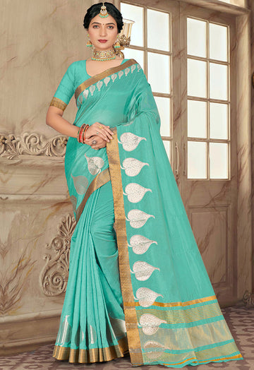 Mint Blue Embellished Cotton Saree for Festival