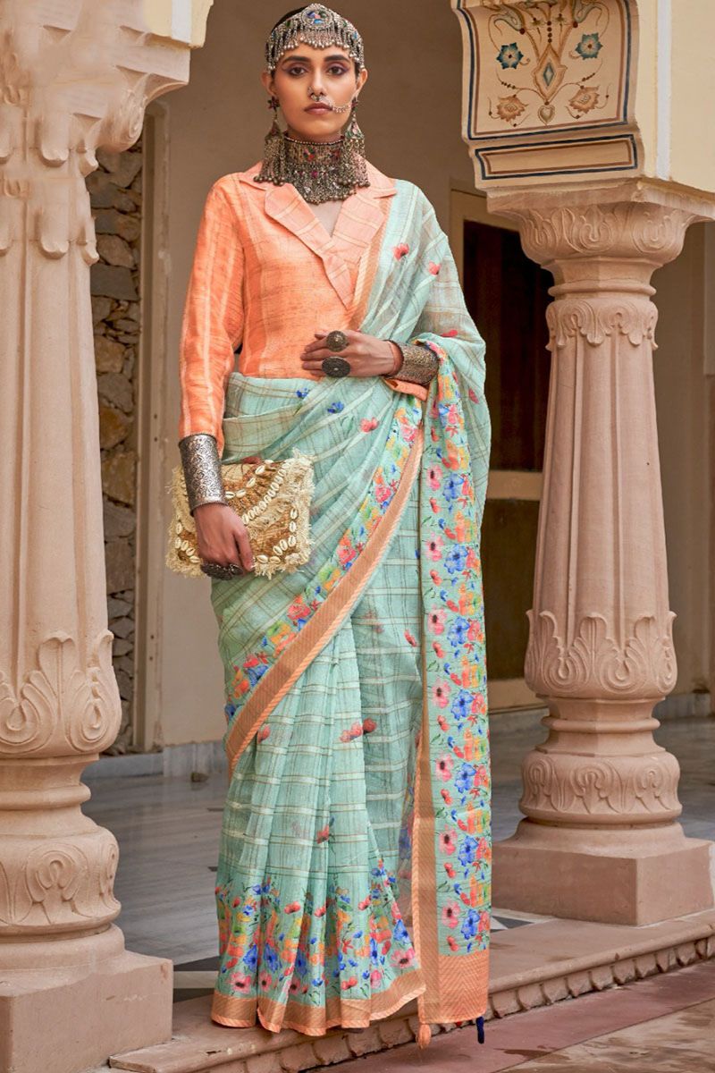 Mint Blue Linen Kora Floral Print Saree