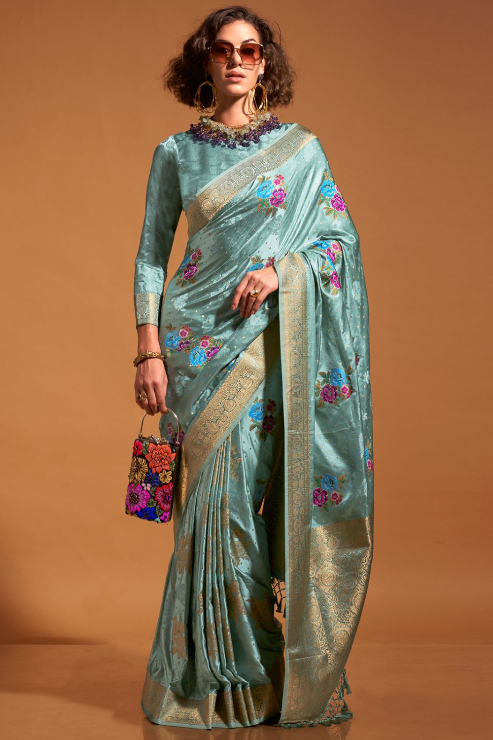 Mint Blue Handloom Weaving Satin Silk Designer Saree