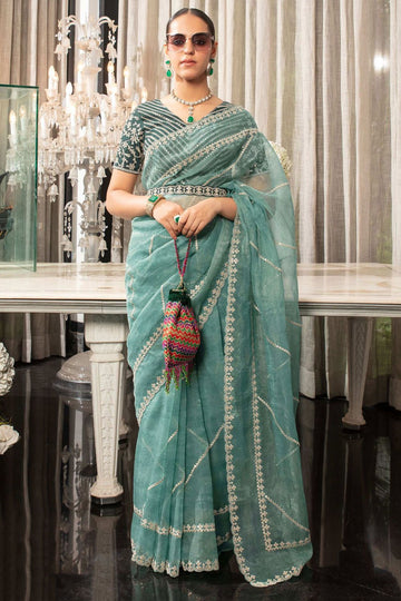 Mint Blue Organza Saree with Embroidered Blouse for Party