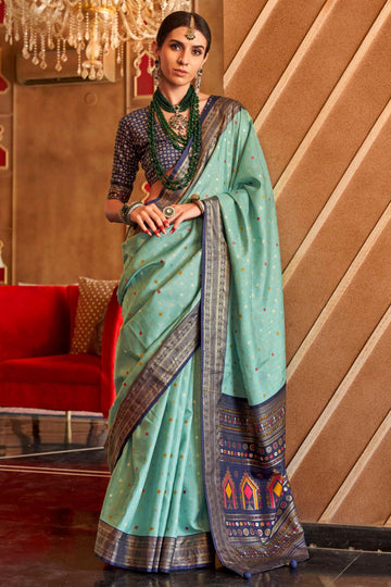 Mint Blue Sambalpuri Print Silk Saree