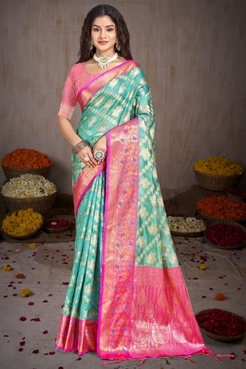 Mint Blue Woven Silk Saree for Festival