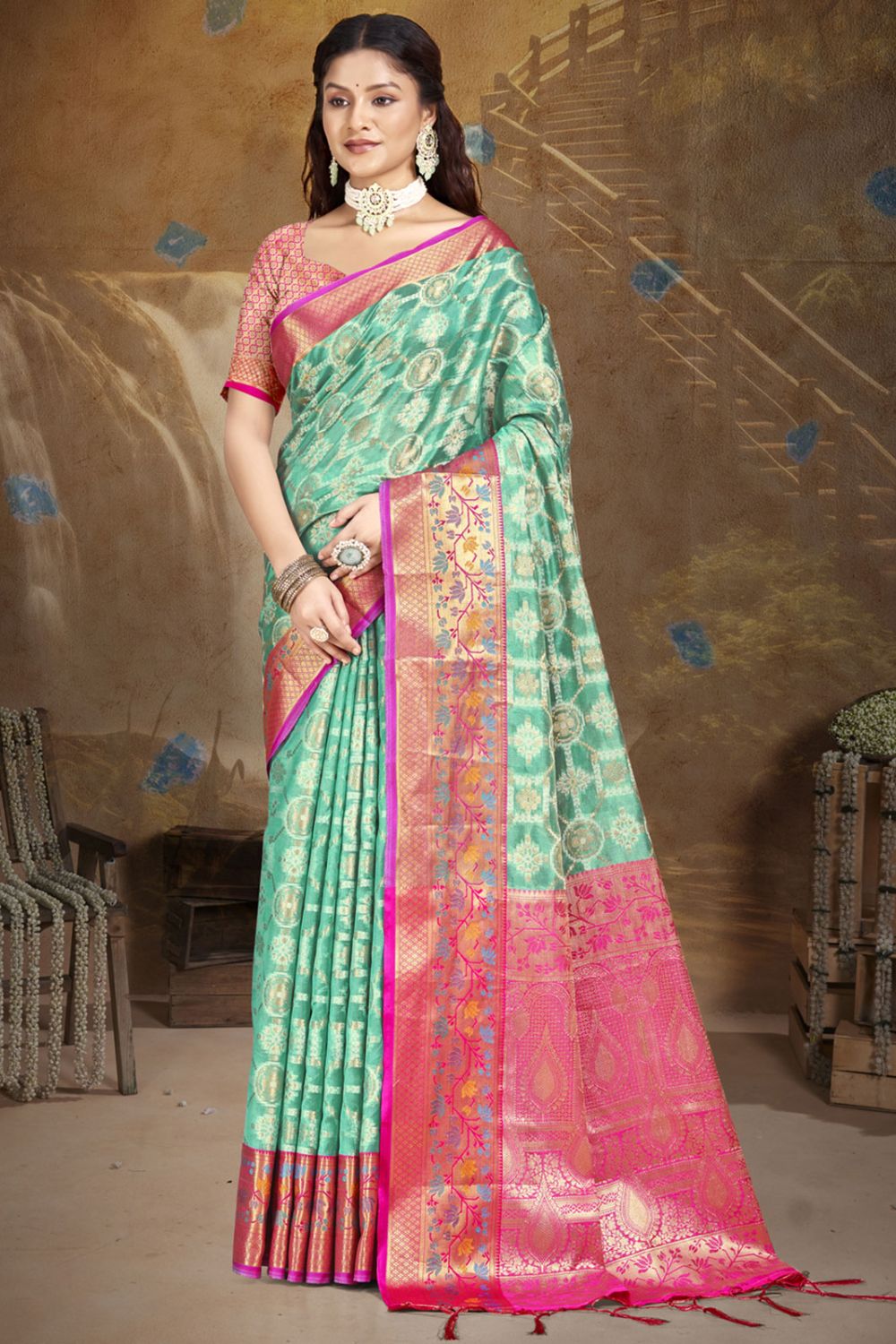 Mint Blue Silk Woven Work Saree