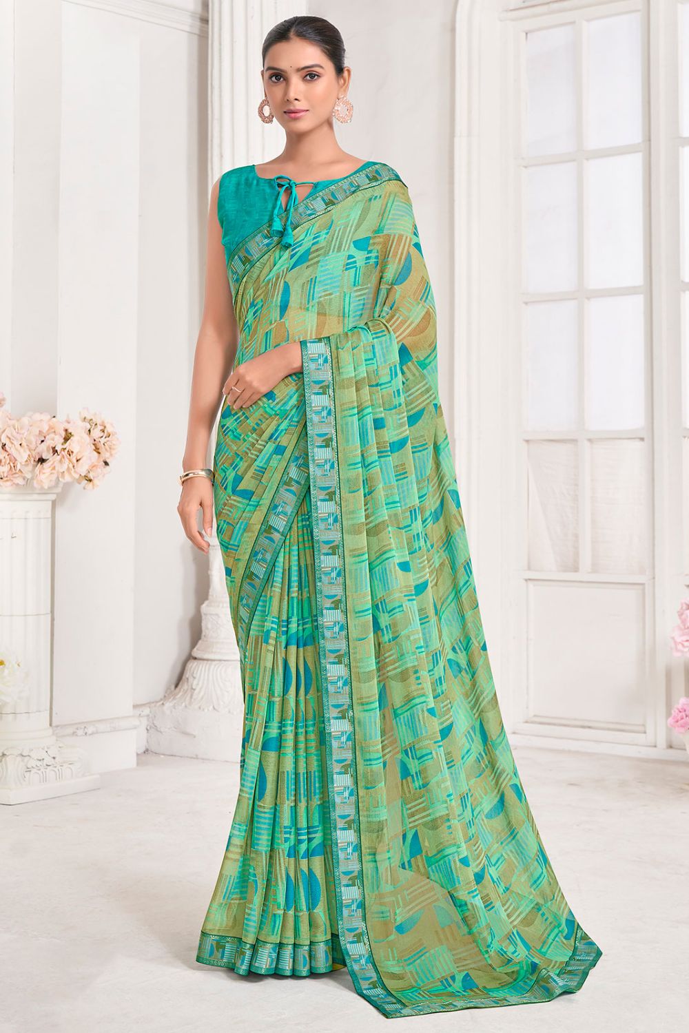 Mint Green Chiffon Printed Party Wear Saree